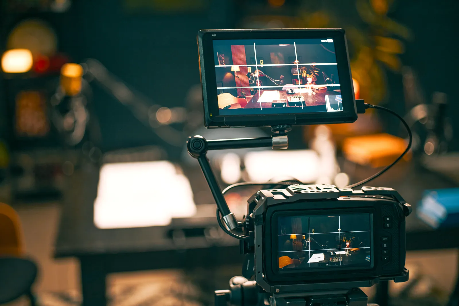 Professional camera set up for recording content in a studio.